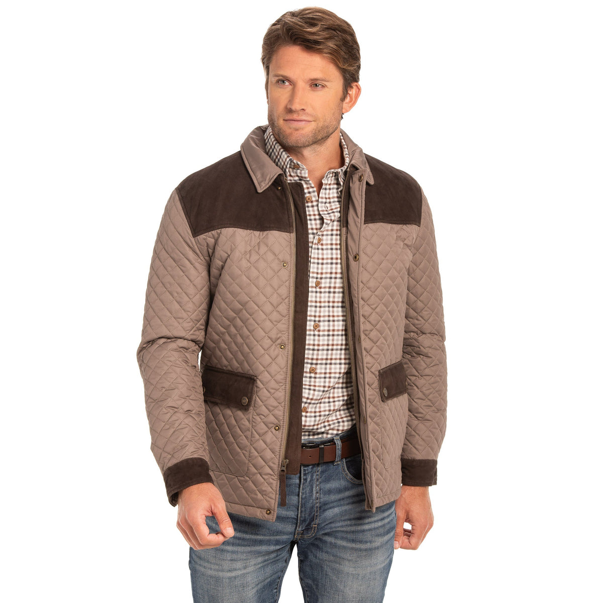 Ingram Diamond Quilted Nylon Jacket with Leather Trim - Dark Khaki