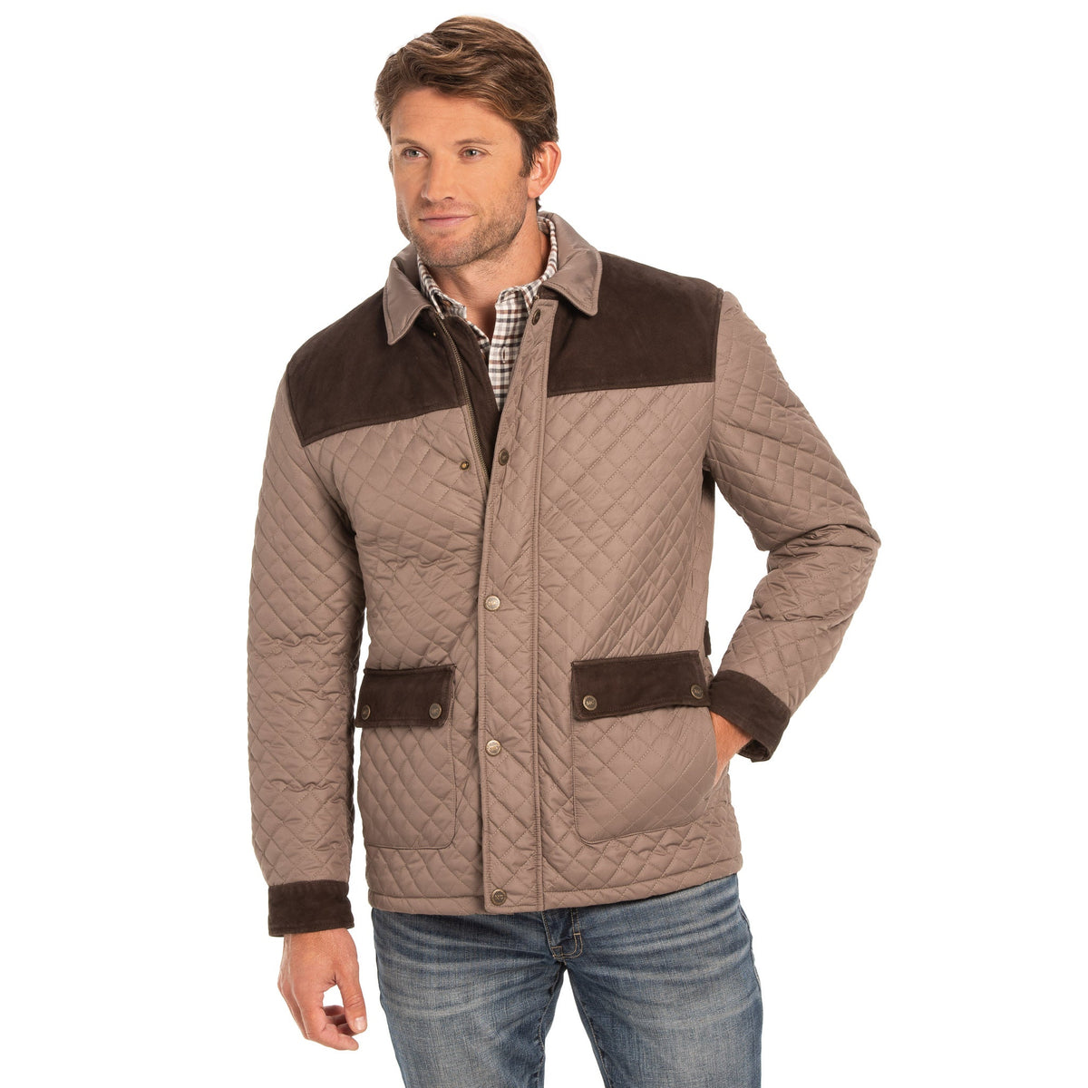 Ingram Diamond Quilted Nylon Jacket with Leather Trim - Dark Khaki