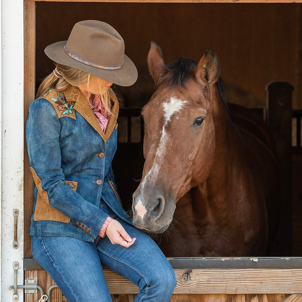 Jane Beaded Denim & Leather Blazer - Indigo Denim