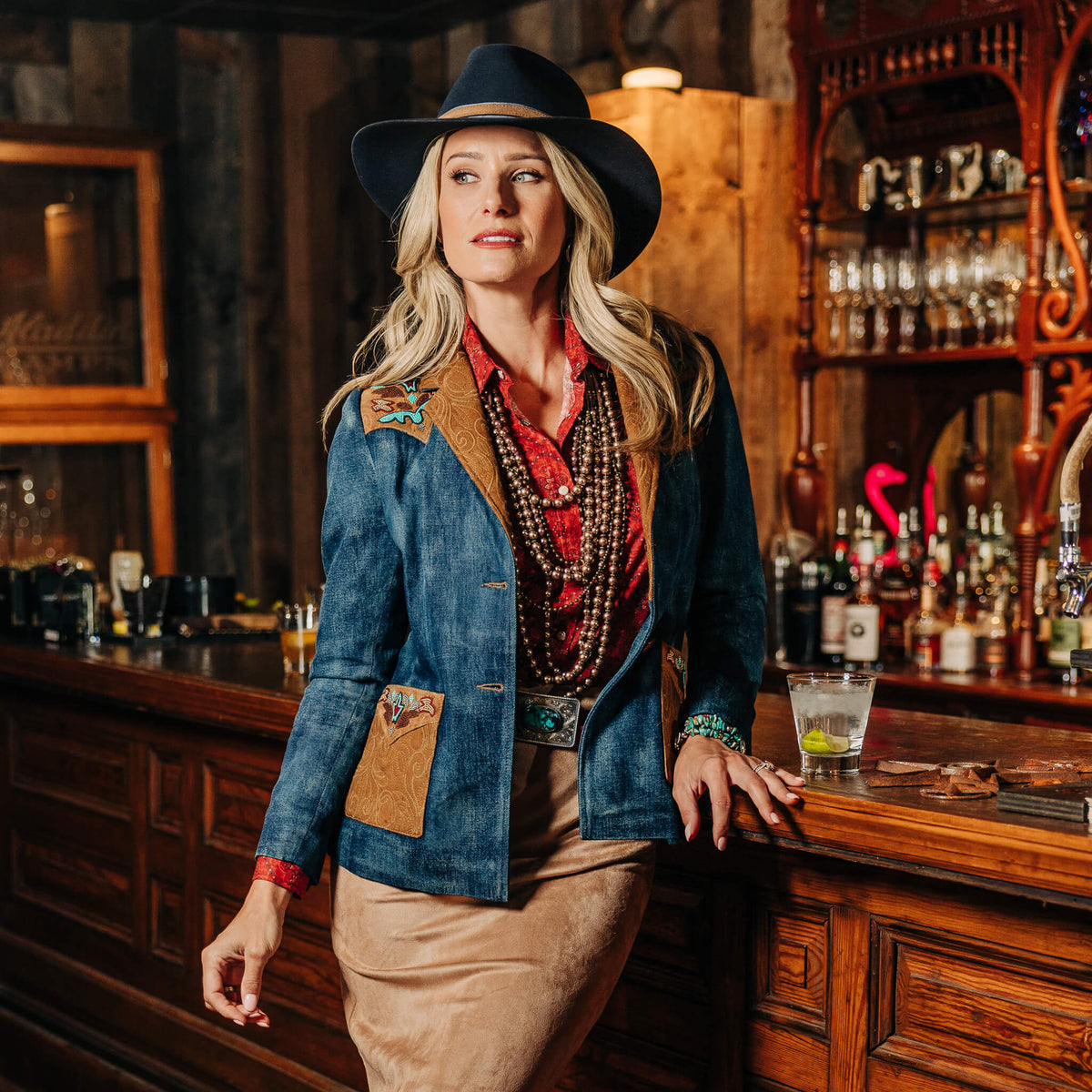 Jane Beaded Denim & Leather Blazer - Indigo Denim