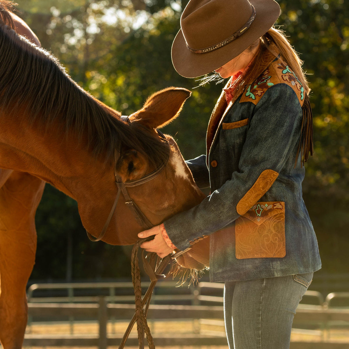 Jane Beaded Denim & Leather Blazer - Indigo Denim