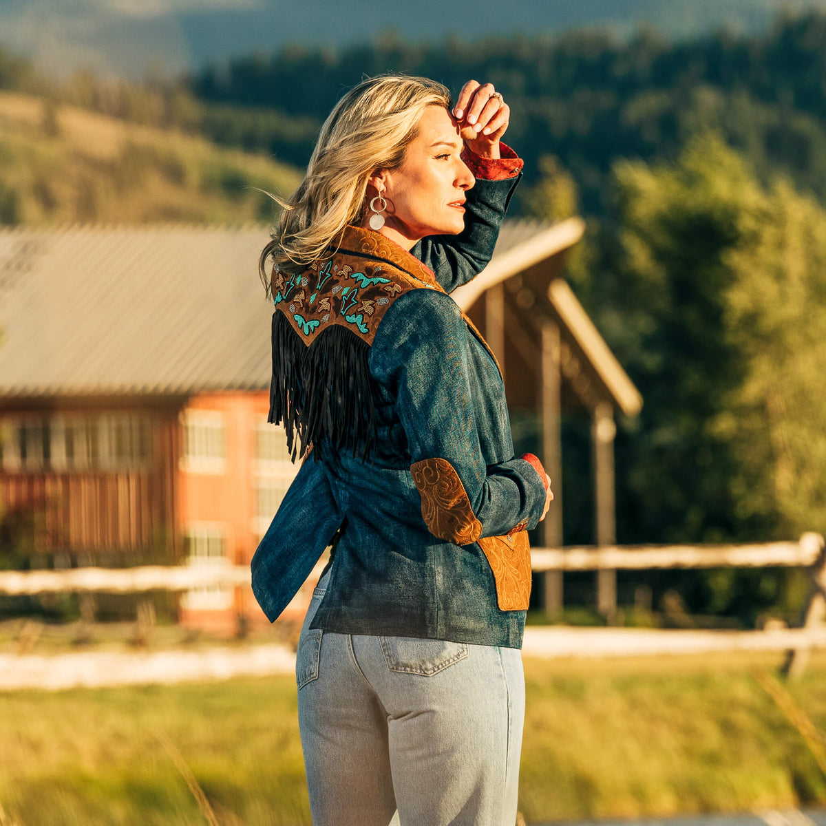 Jane Beaded Denim & Leather Blazer - Indigo Denim