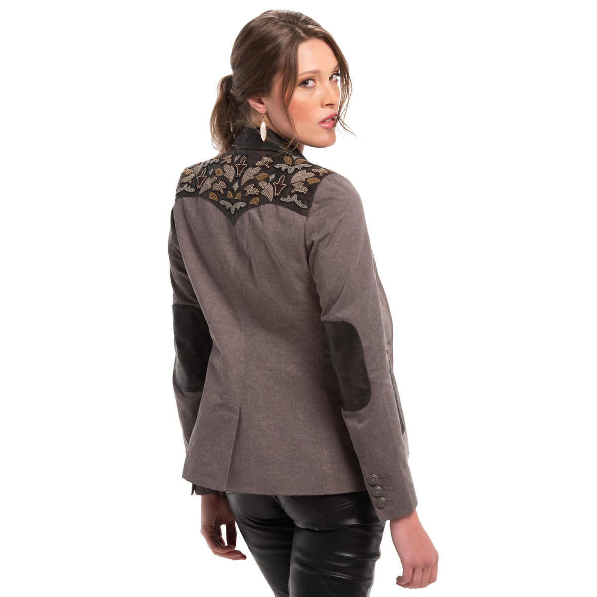 Jane Beaded Denim & Leather Blazer - Charcoal Denim