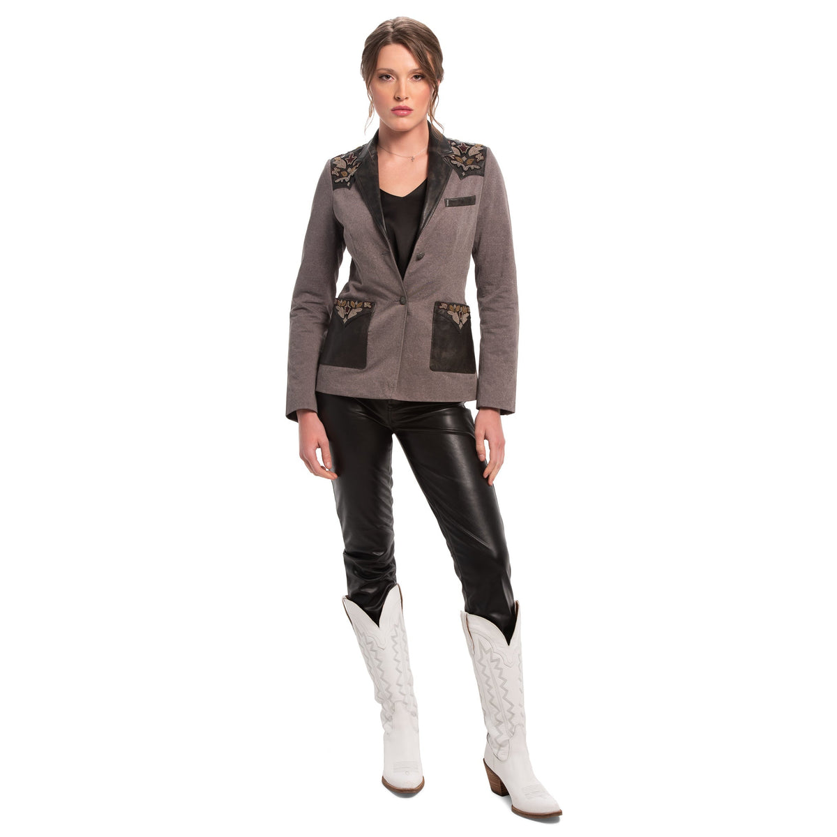 Jane Beaded Denim & Leather Blazer - Charcoal Denim