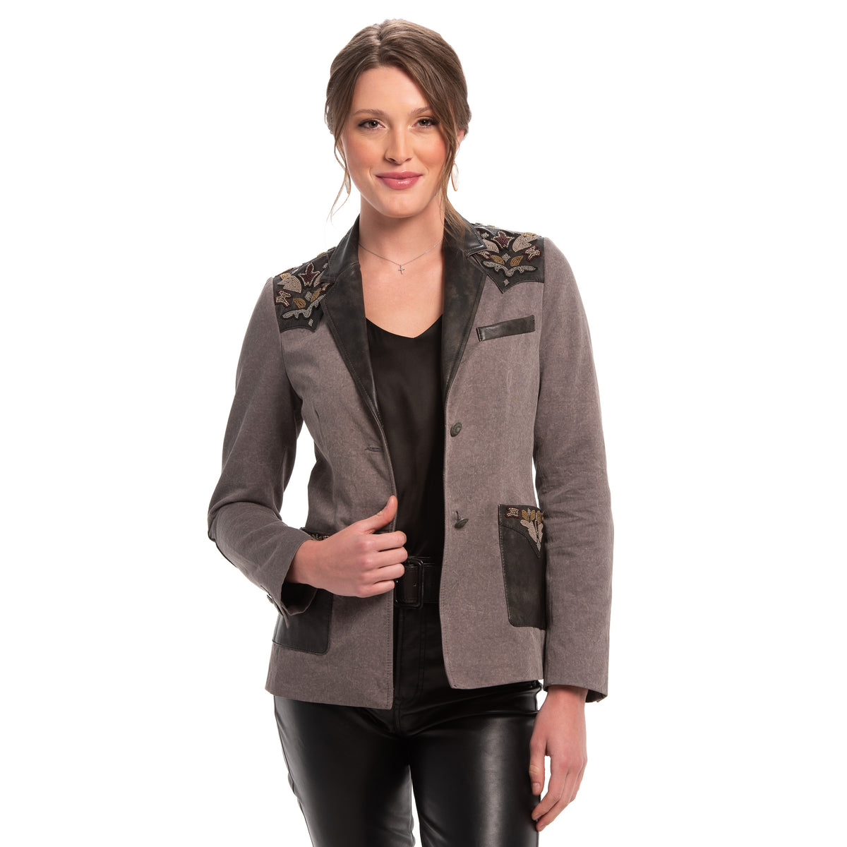 Jane Beaded Denim &amp; Leather Blazer