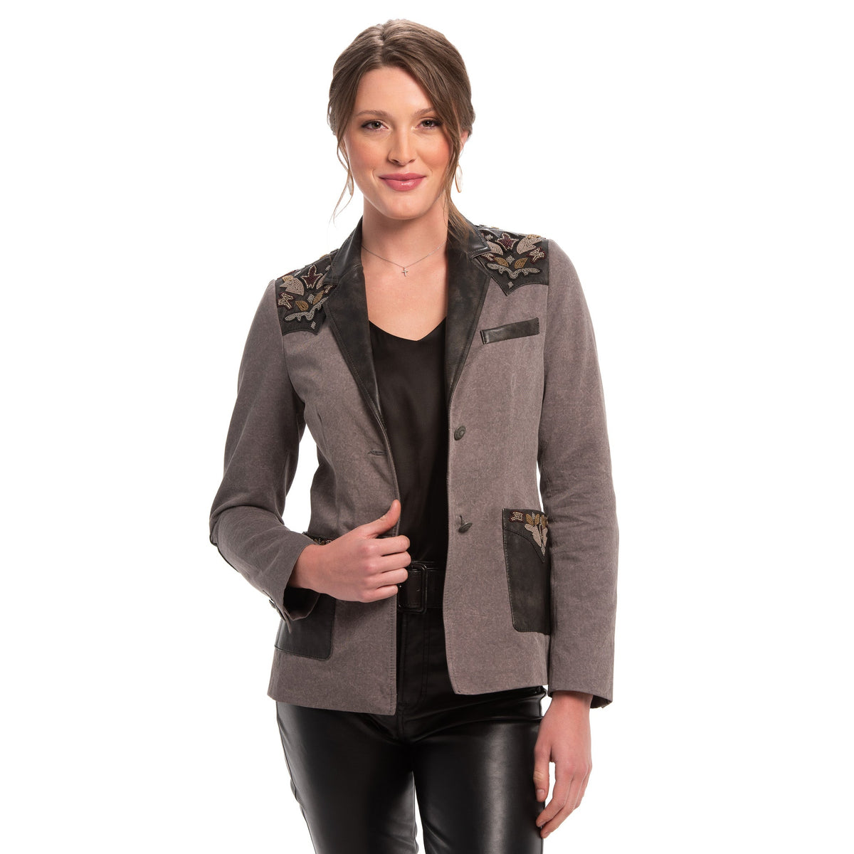 Jane Beaded Denim & Leather Blazer - Charcoal Denim