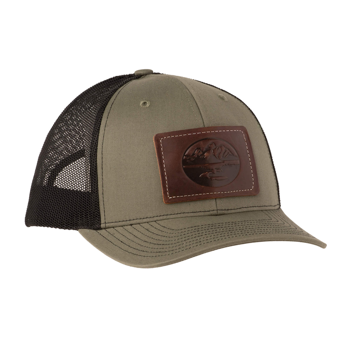 Madison Creek Outfitters Richardson 112 Leather Patch Trucker Hat - Khaki/Coffee