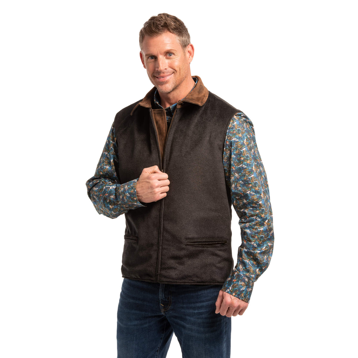 Memphis Goat Nubuck & Wool Lightweight Reversible Vest - Tobacco / Charcoal
