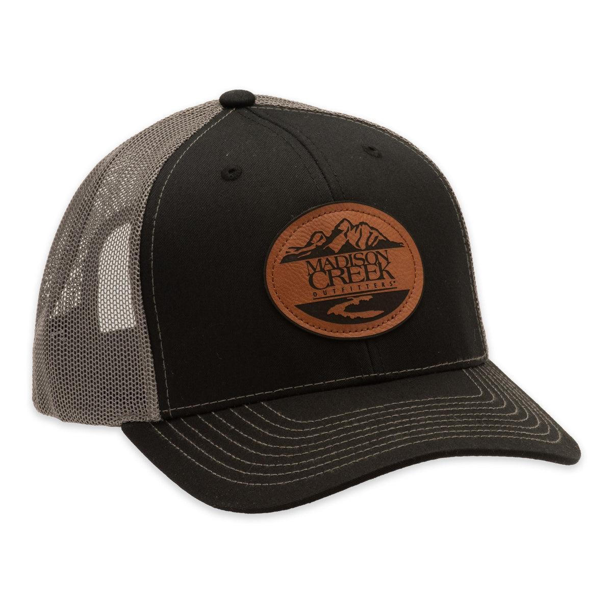 Richardson 112 Madison Creek Leather Patch Trucker Hat - Charcoal/Red