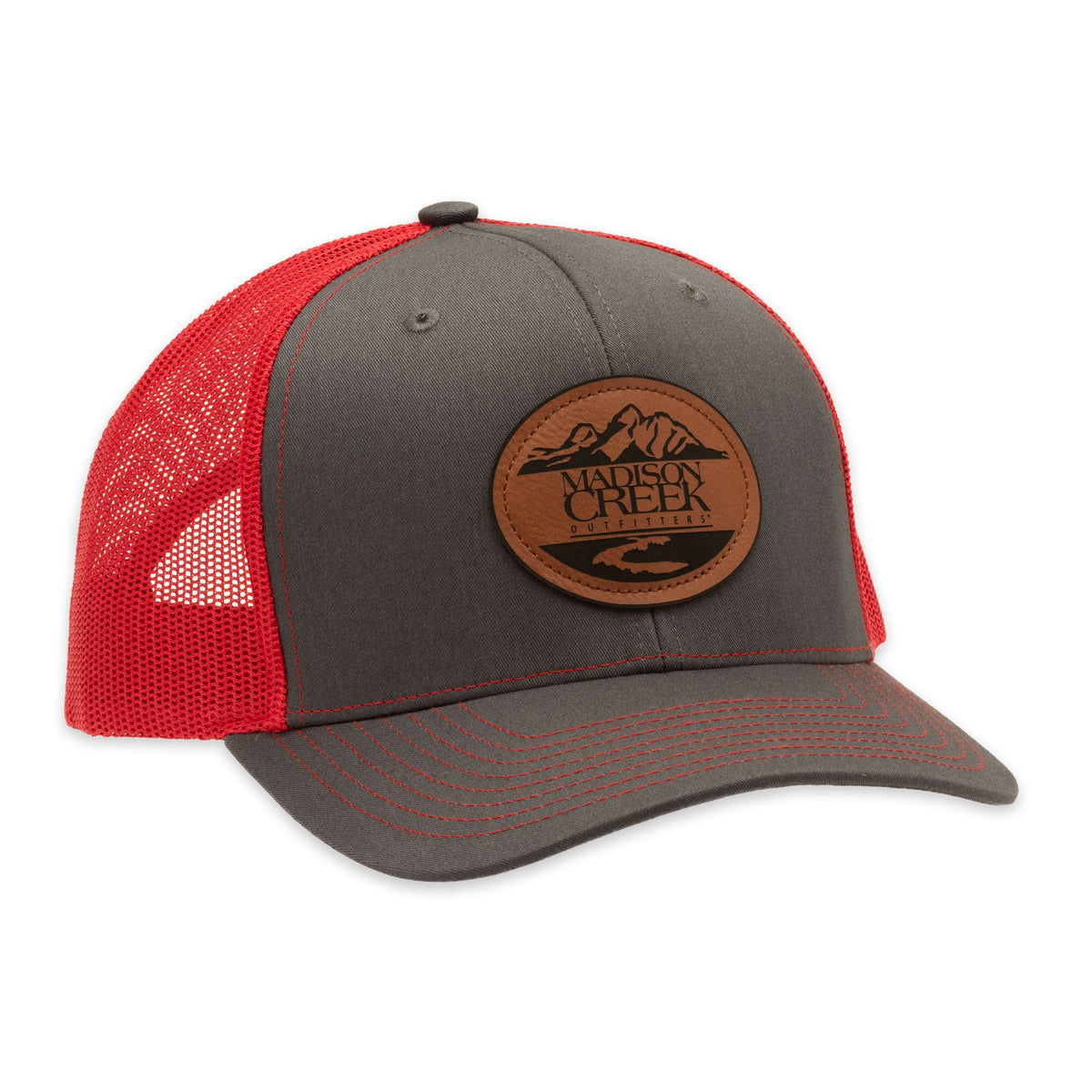 Richardson 112 Madison Creek Leather Patch Trucker Hat - Charcoal/Red