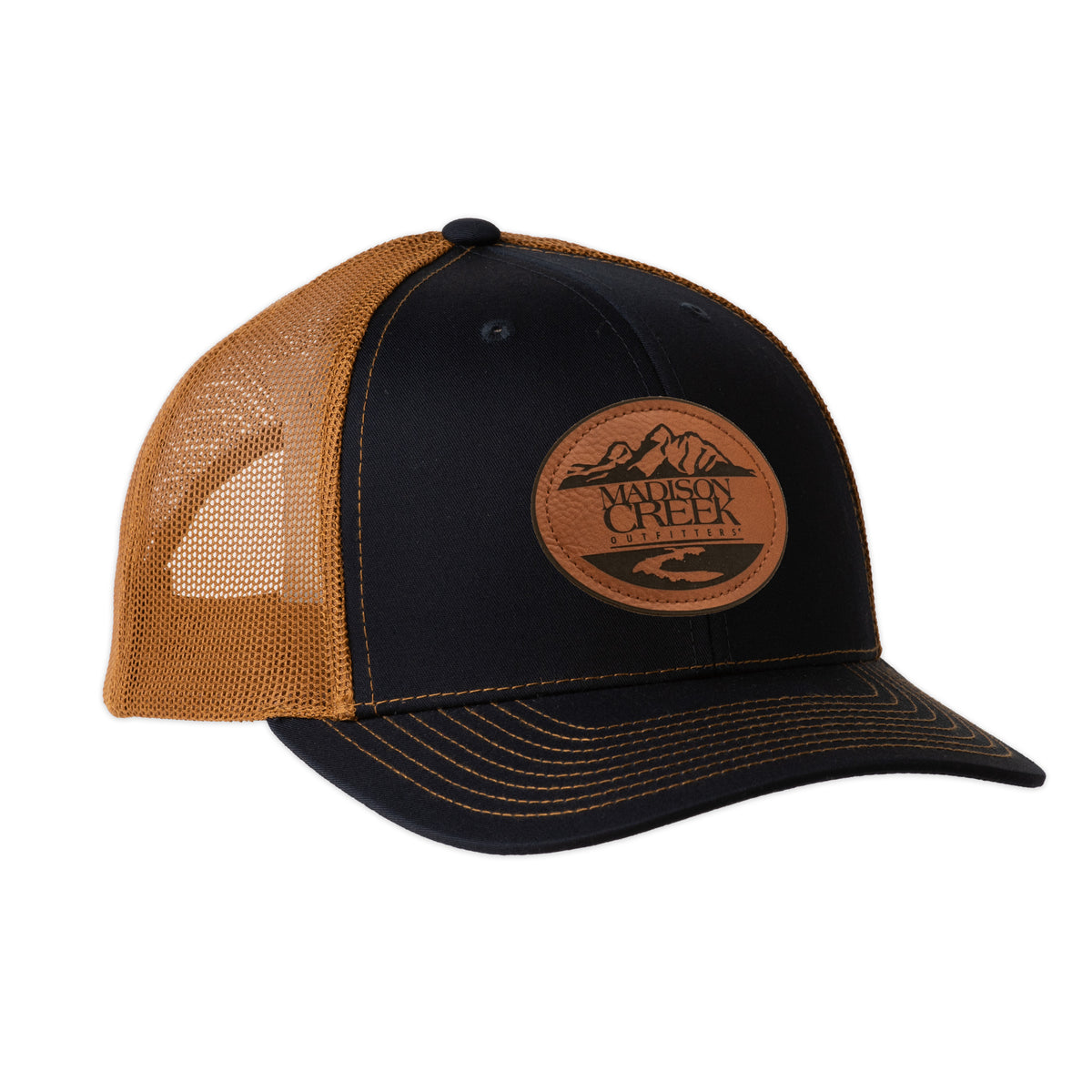 Richardson 112 Madison Creek Leather Patch Trucker Hat - Navy/Caramel