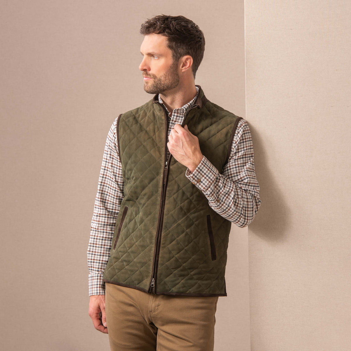 Ridgeland Quilted Goat Suede Leather Vest - Dark Olive
