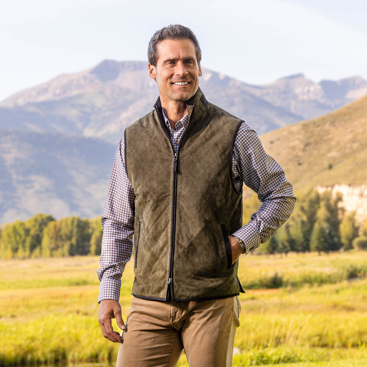 Ridgeland Quilted Goat Suede Leather Vest - Olive