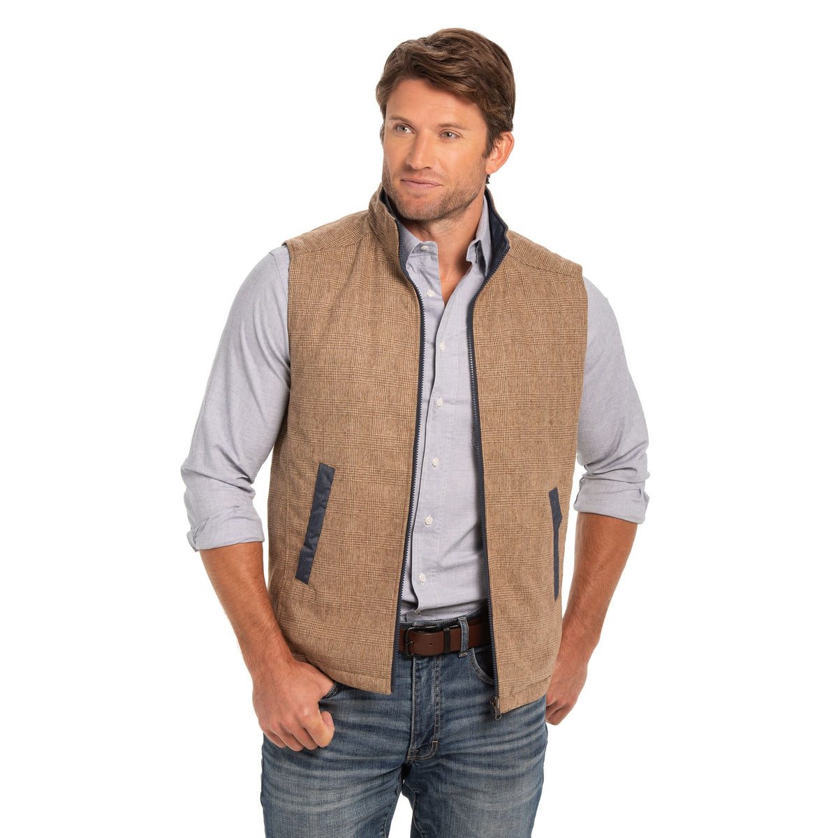 Sautee Nylon & Wool Reversible Vest - Wheat Glen Plaid / Blue