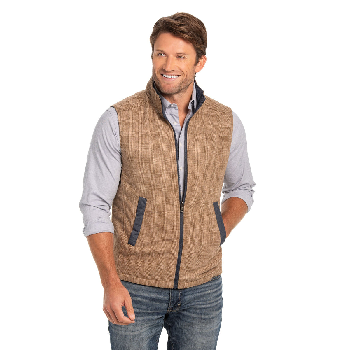 Sautee Nylon & Wool Reversible Vest - Wheat Glen Plaid / Blue