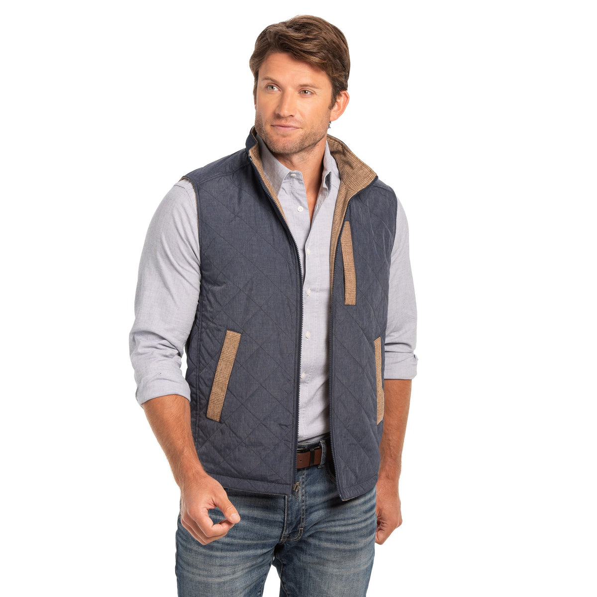 Sautee Nylon & Wool Reversible Vest - Wheat Glen Plaid / Blue