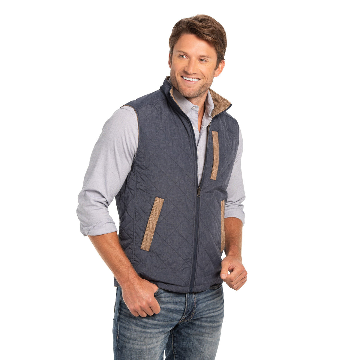 Sautee Nylon & Wool Reversible Vest - Wheat Glen Plaid / Blue