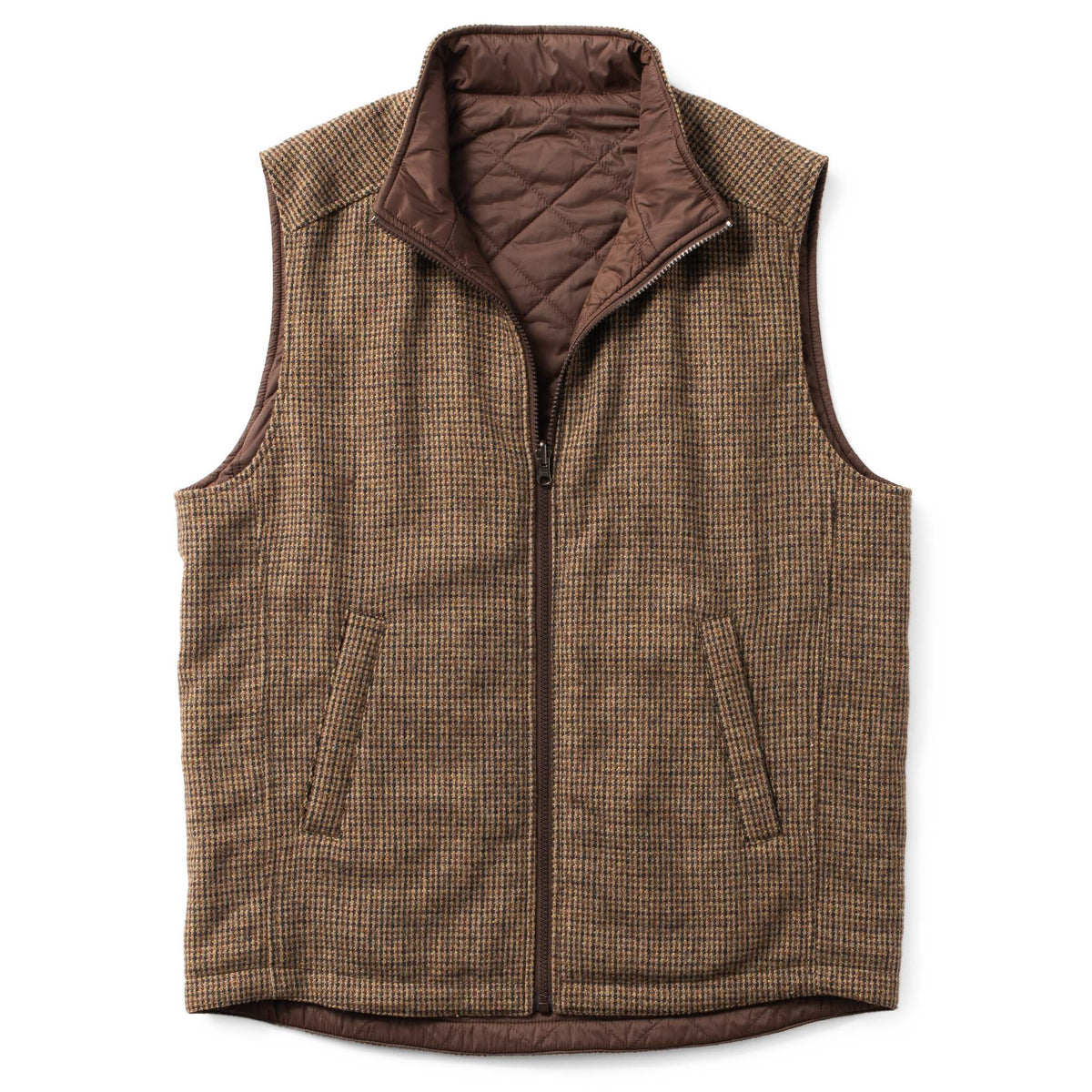 Sautee Nylon & Wool Reversible Vest - Brown Check / Vicuna Brown