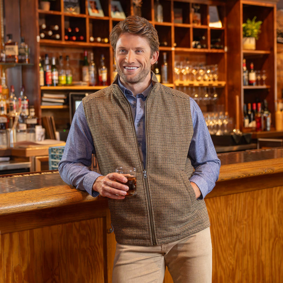 Sautee Nylon & Wool Reversible Vest - Brown Check / Vicuna Brown