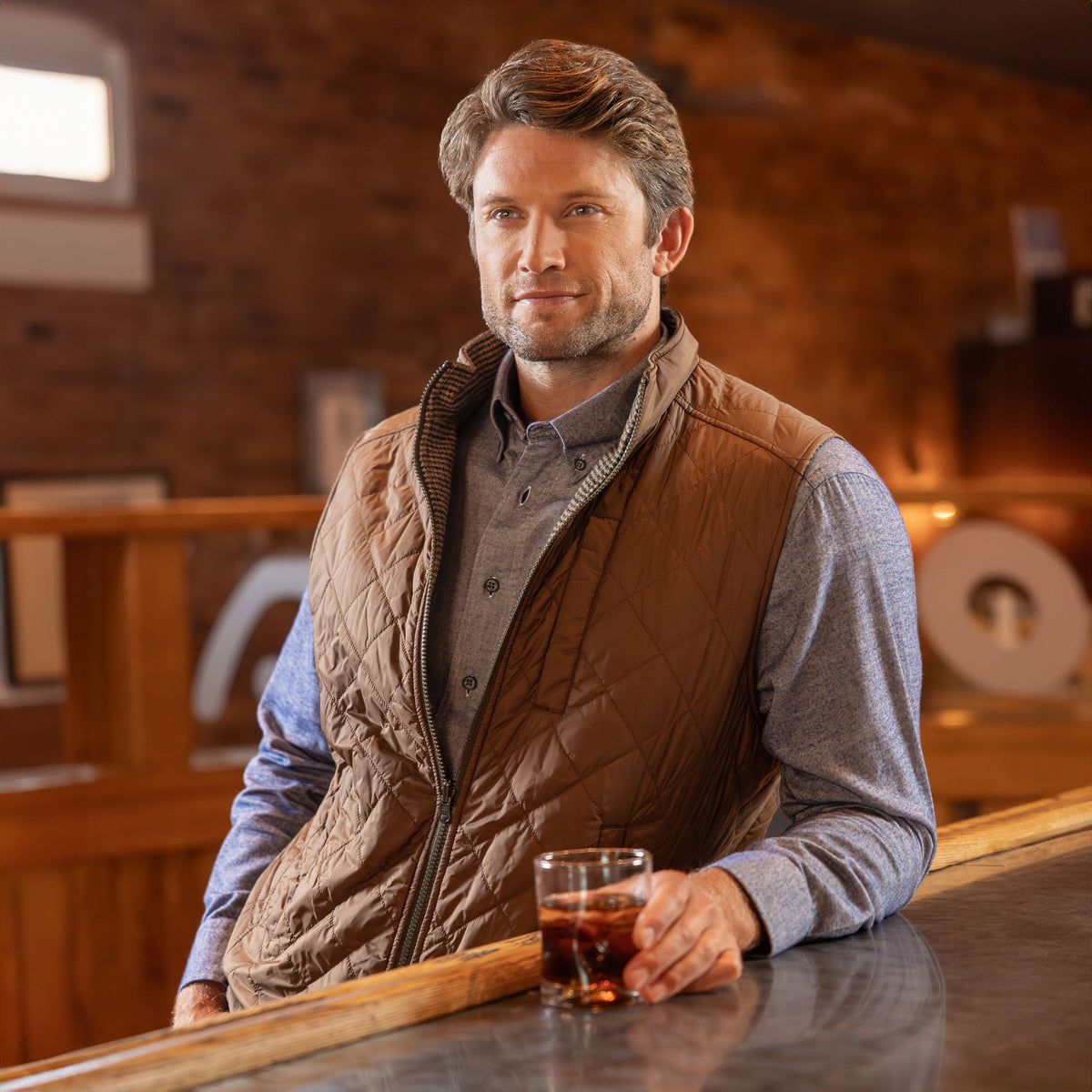 Sautee Nylon & Wool Reversible Vest - Brown Check / Vicuna Brown