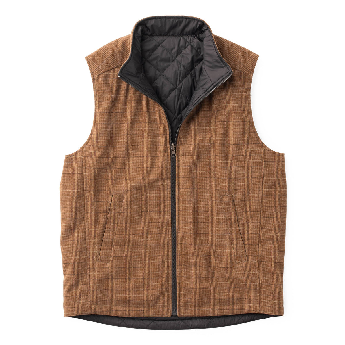 Sautee Nylon & Wool Reversible Vest - Brown Glen Plaid / Black