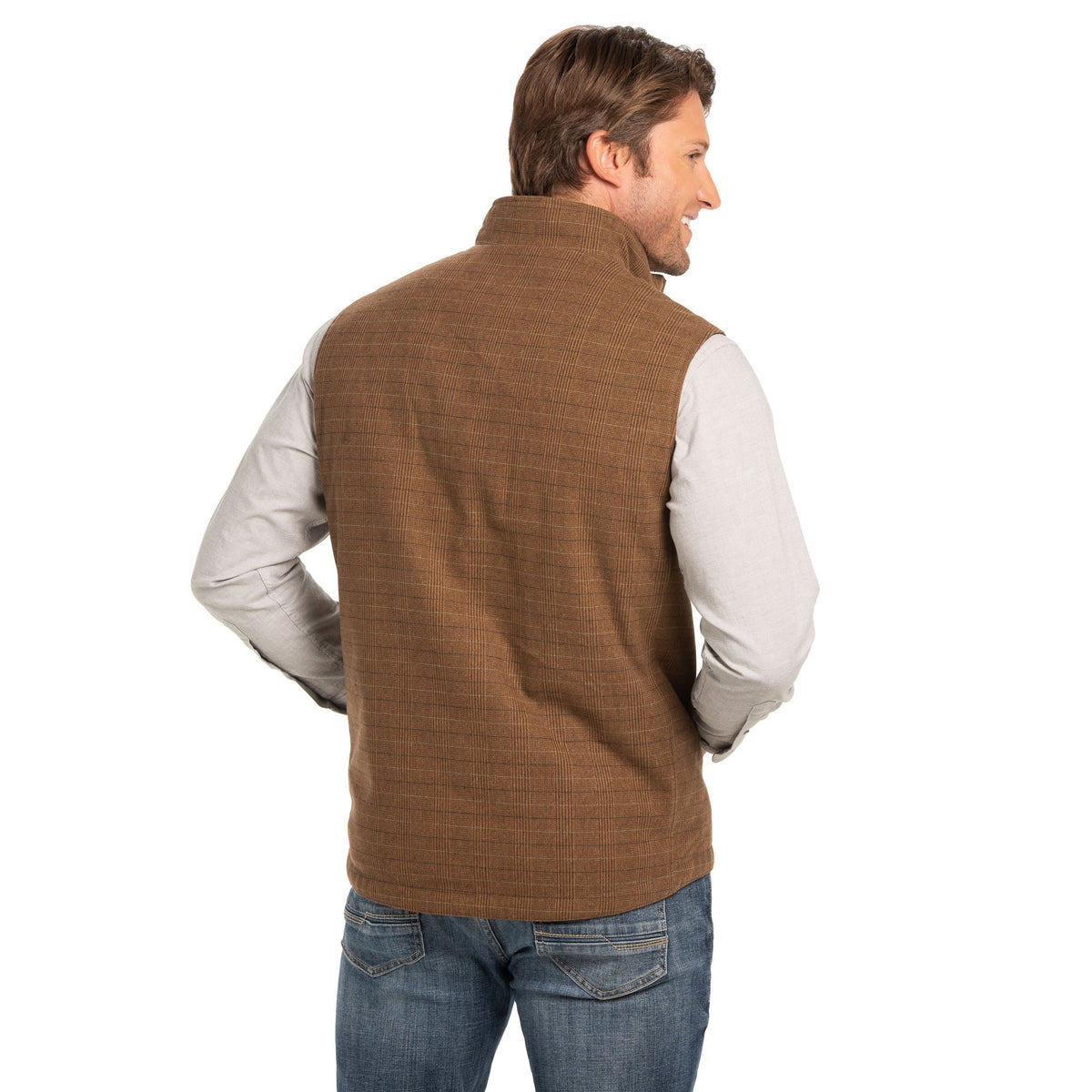 Sautee Nylon & Wool Reversible Vest - Brown Glen Plaid / Black