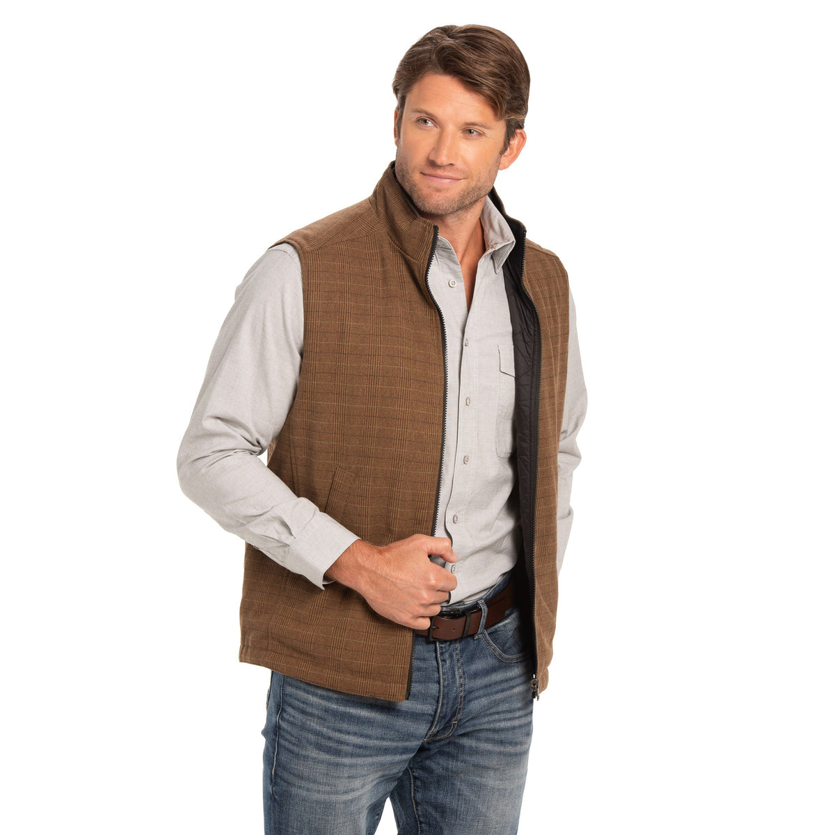 Sautee Nylon & Wool Reversible Vest - Brown Glen Plaid / Black