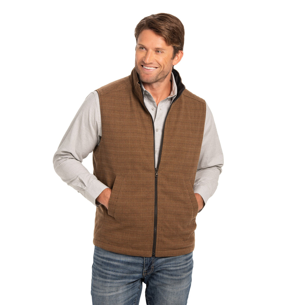 Sautee Nylon & Wool Reversible Vest - Brown Glen Plaid / Black