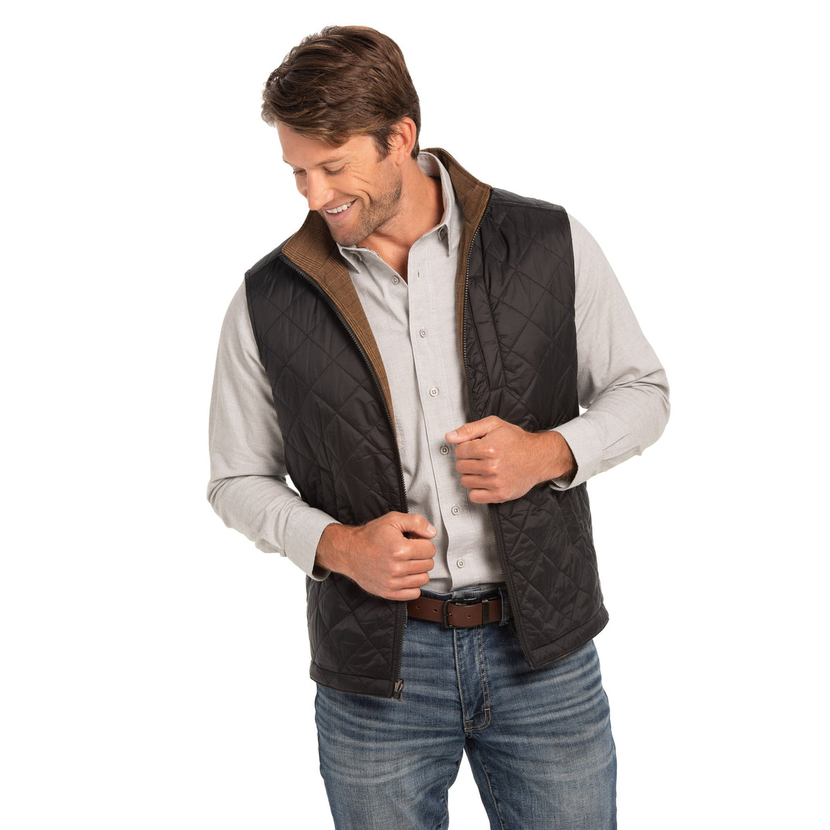 Sautee Nylon & Wool Reversible Vest - Brown Glen Plaid / Black