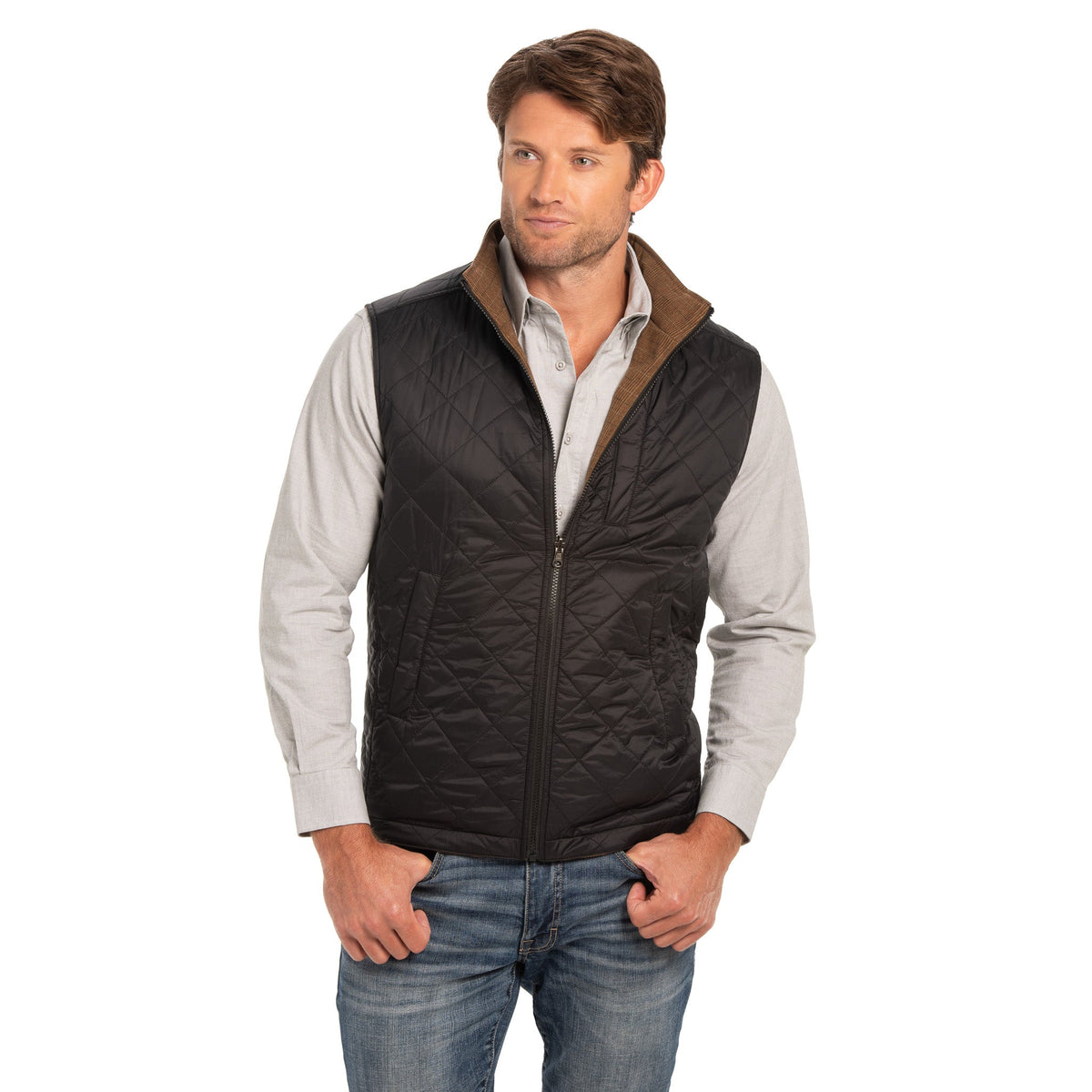 Sautee Nylon & Wool Reversible Vest - Brown Glen Plaid / Black