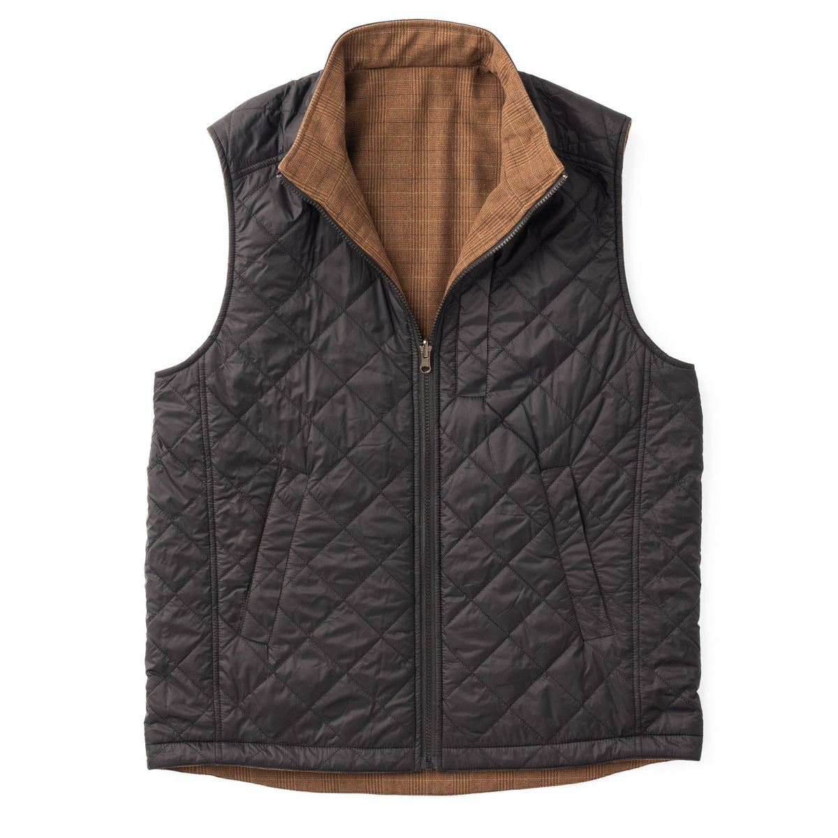Sautee Nylon & Wool Reversible Vest - Brown Glen Plaid / Black