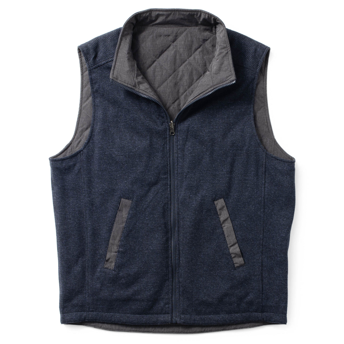 Sautee Nylon & Wool Reversible Vest - Navy Glen Plaid / Steel