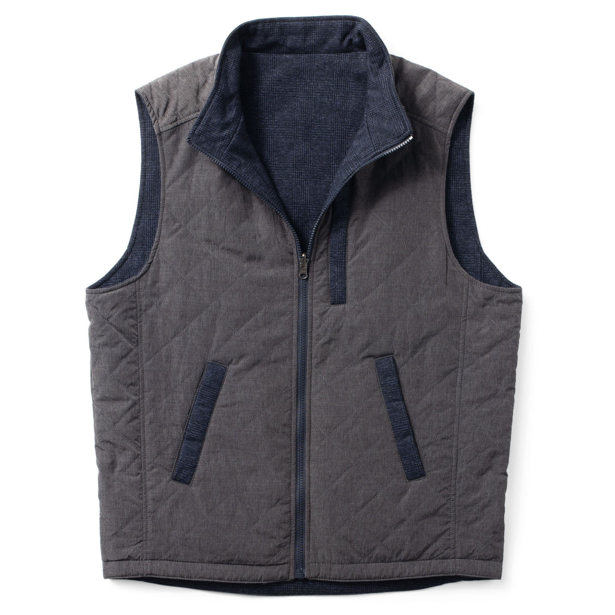 Sautee Nylon & Wool Reversible Vest - Navy Glen Plaid / Steel