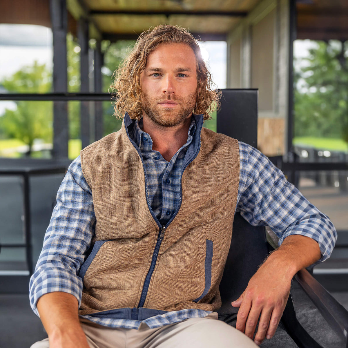 Sautee Nylon & Wool Reversible Vest - Wheat Glen Plaid / Blue